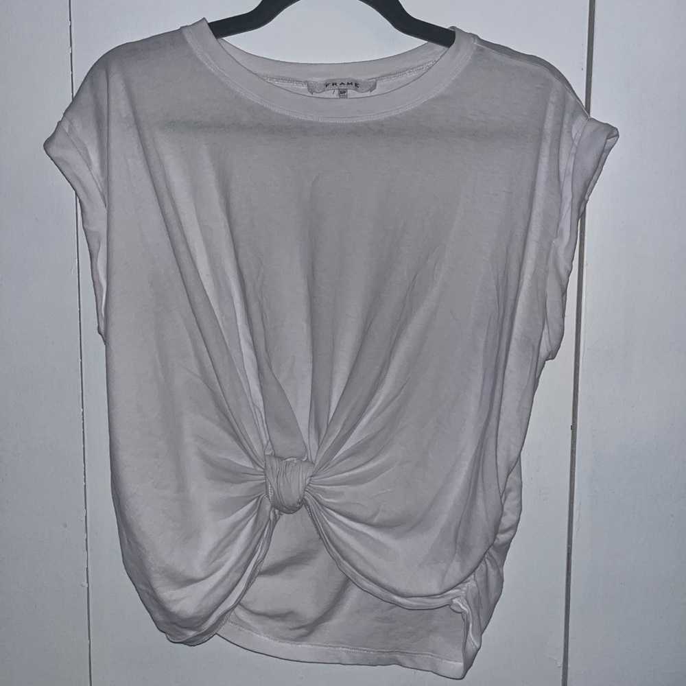 FRAME luxury white cropped t-shirt tied, Scoop Neck Short Sleeve Top Small​